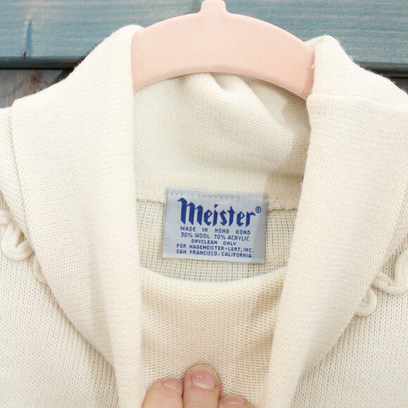 Ivory Cream 80s Vintage Sweater Wool Vintage Meister Brand Small Applique Detail - Picture 6 of 8